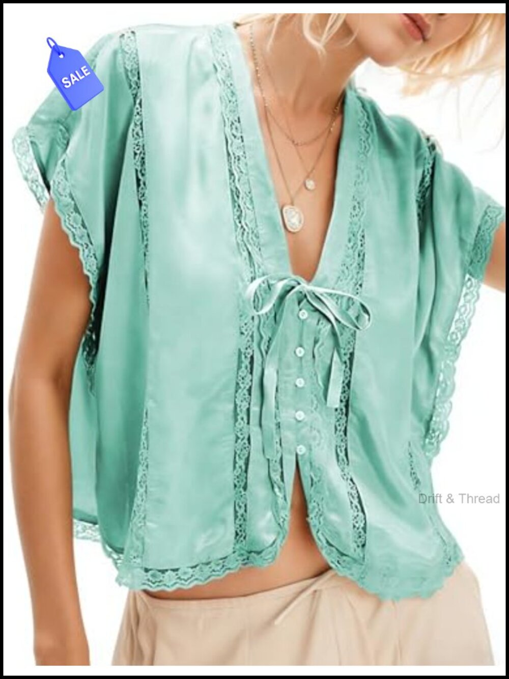 Women Boho Lace Tie Front Crop Tank Top Button Down Short Sleeve Y2K Summer